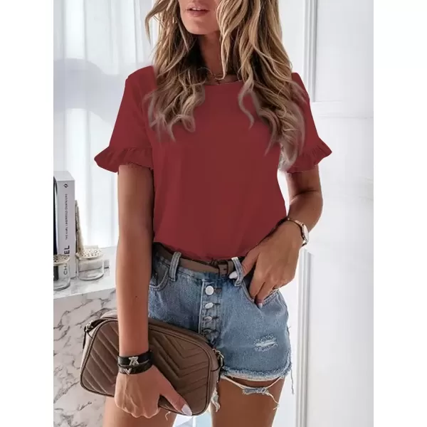 imageATHMILE Womens Short Sleeve Casual T Shirts Summer Ruffle Plain Round Neck Loose Fit Tee Blouse TopsWinered
