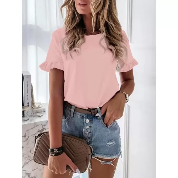imageATHMILE Womens Short Sleeve Casual T Shirts Summer Ruffle Plain Round Neck Loose Fit Tee Blouse TopsPink