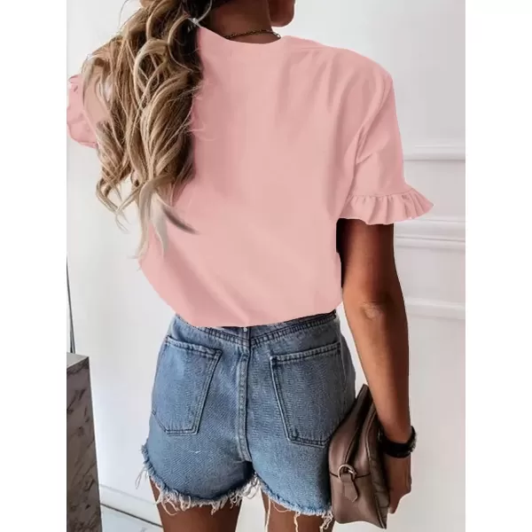 imageATHMILE Womens Short Sleeve Casual T Shirts Summer Ruffle Plain Round Neck Loose Fit Tee Blouse TopsPink