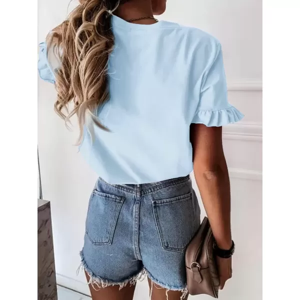 imageATHMILE Womens Short Sleeve Casual T Shirts Summer Ruffle Plain Round Neck Loose Fit Tee Blouse TopsLightblue