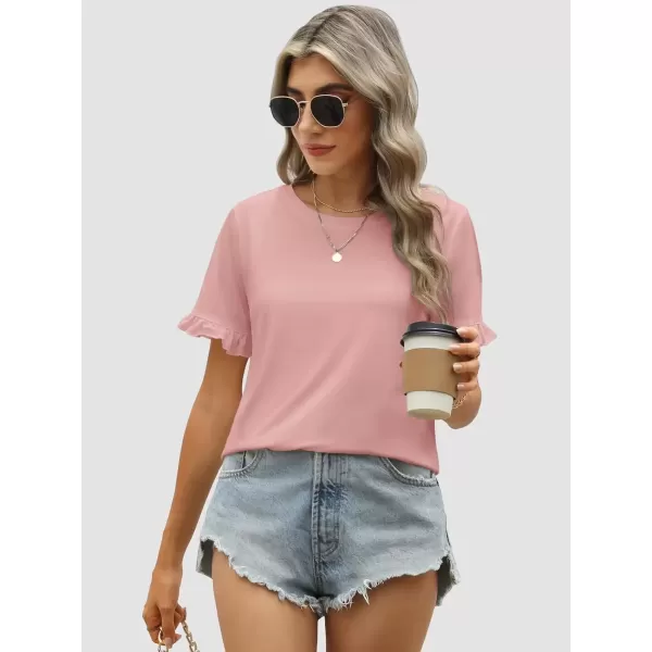 imageATHMILE Womens Short Sleeve Casual T Shirts Summer Ruffle Plain Round Neck Loose Fit Tee Blouse TopsPink
