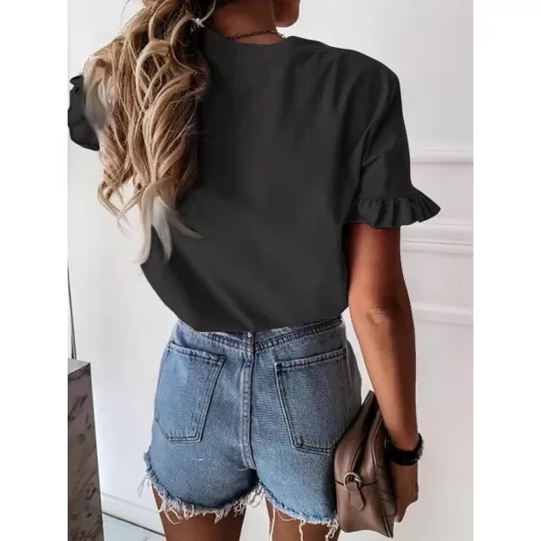 imageATHMILE Womens Short Sleeve Casual T Shirts Summer Ruffle Plain Round Neck Loose Fit Tee Blouse TopsBlack