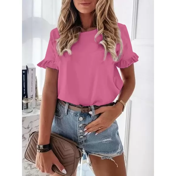 imageATHMILE Womens Short Sleeve Casual T Shirts Summer Ruffle Plain Round Neck Loose Fit Tee Blouse TopsRosered