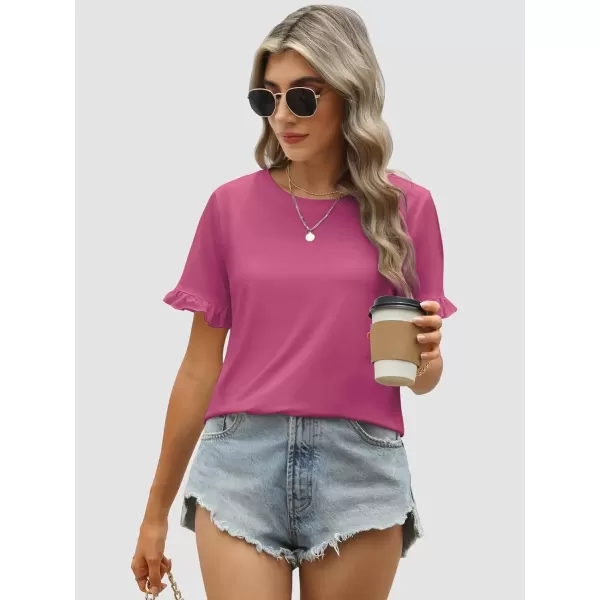 imageATHMILE Womens Short Sleeve Casual T Shirts Summer Ruffle Plain Round Neck Loose Fit Tee Blouse TopsRosered