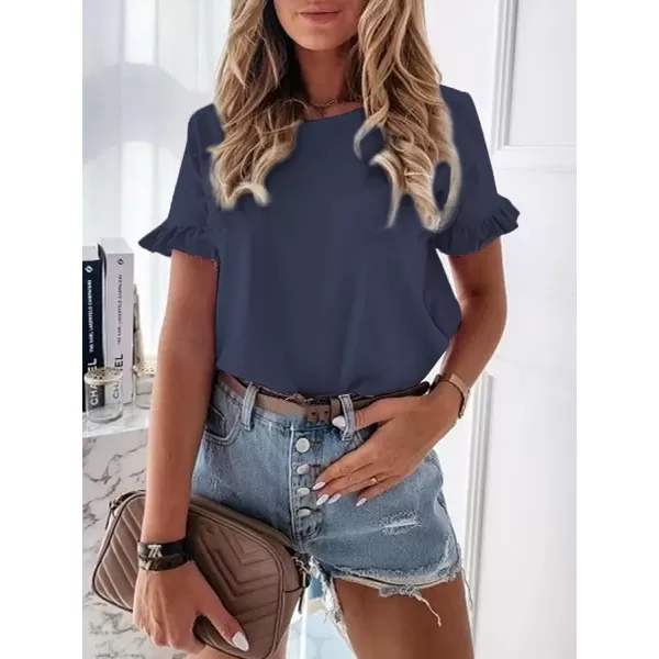 imageATHMILE Womens Short Sleeve Casual T Shirts Summer Ruffle Plain Round Neck Loose Fit Tee Blouse TopsNavy