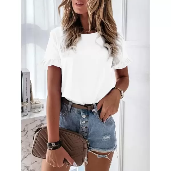 imageATHMILE Womens Short Sleeve Casual T Shirts Summer Ruffle Plain Round Neck Loose Fit Tee Blouse TopsWhite