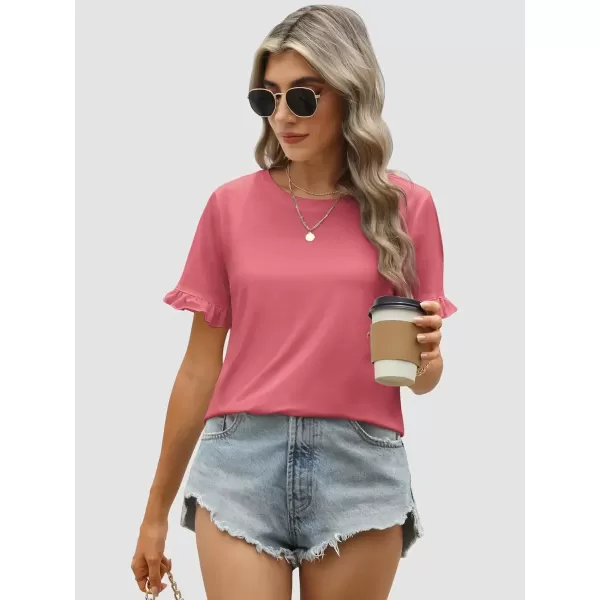 imageATHMILE Womens Short Sleeve Casual T Shirts Summer Ruffle Plain Round Neck Loose Fit Tee Blouse TopsWatermelon