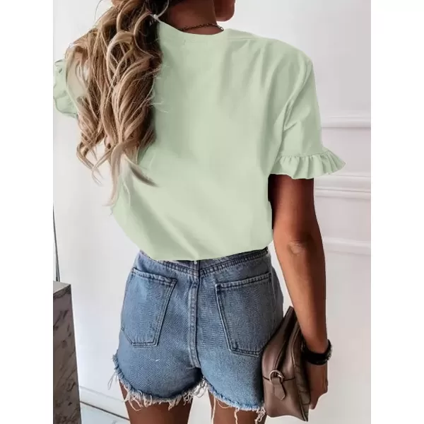 imageATHMILE Womens Short Sleeve Casual T Shirts Summer Ruffle Plain Round Neck Loose Fit Tee Blouse TopsGreygreen