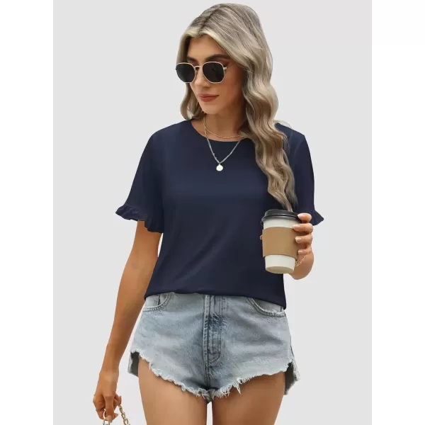 imageATHMILE Womens Short Sleeve Casual T Shirts Summer Ruffle Plain Round Neck Loose Fit Tee Blouse TopsNavy