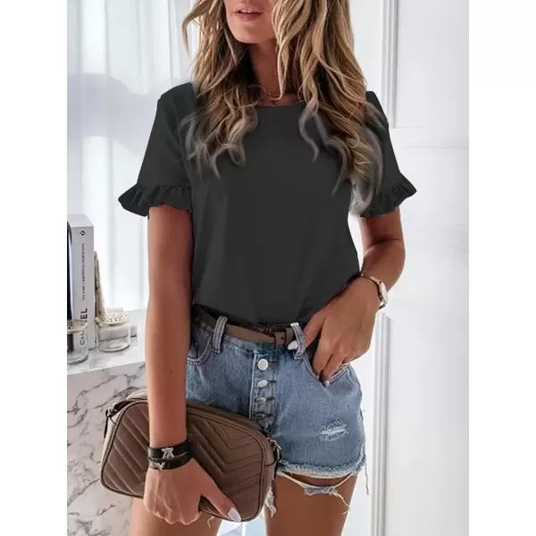 imageATHMILE Womens Short Sleeve Casual T Shirts Summer Ruffle Plain Round Neck Loose Fit Tee Blouse TopsBlack