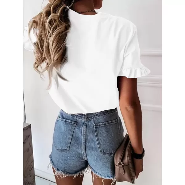 imageATHMILE Womens Short Sleeve Casual T Shirts Summer Ruffle Plain Round Neck Loose Fit Tee Blouse TopsWhite
