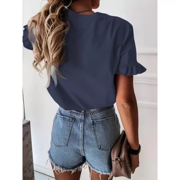 imageATHMILE Womens Short Sleeve Casual T Shirts Summer Ruffle Plain Round Neck Loose Fit Tee Blouse TopsNavy