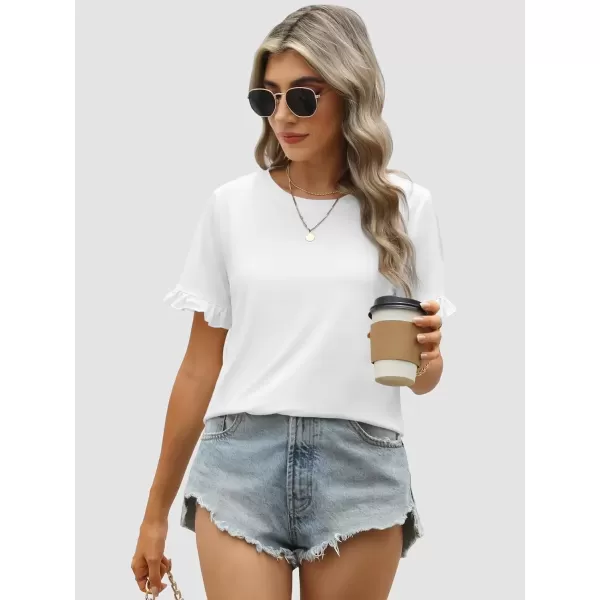 imageATHMILE Womens Short Sleeve Casual T Shirts Summer Ruffle Plain Round Neck Loose Fit Tee Blouse TopsWhite