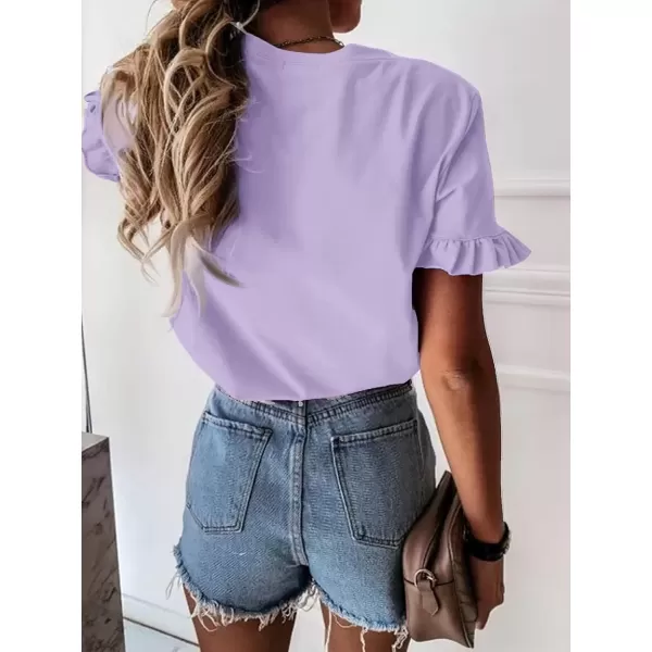 imageATHMILE Womens Short Sleeve Casual T Shirts Summer Ruffle Plain Round Neck Loose Fit Tee Blouse TopsPurple