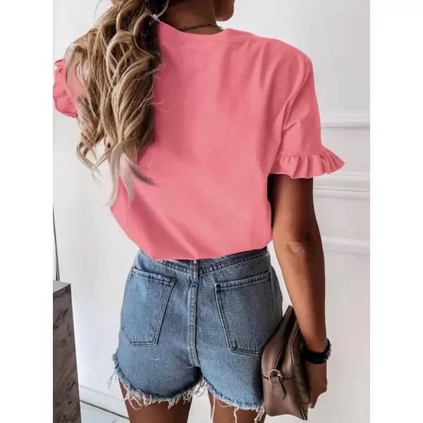 imageATHMILE Womens Short Sleeve Casual T Shirts Summer Ruffle Plain Round Neck Loose Fit Tee Blouse TopsWatermelon