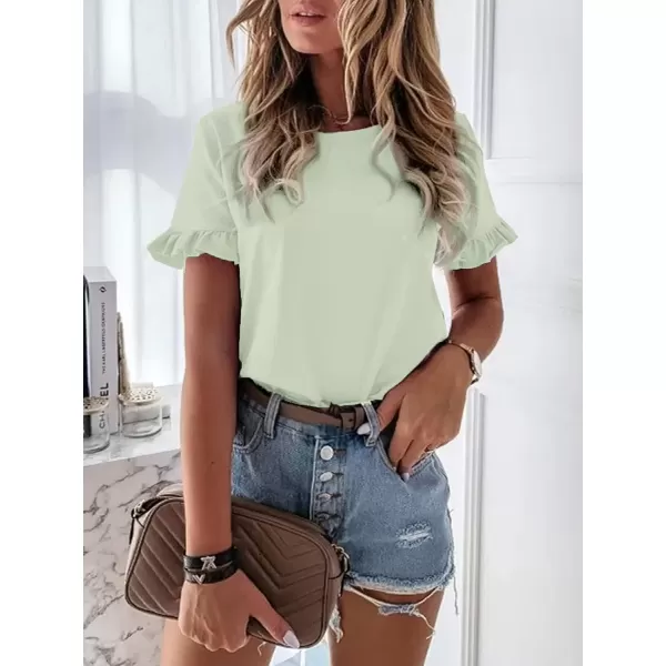 imageATHMILE Womens Short Sleeve Casual T Shirts Summer Ruffle Plain Round Neck Loose Fit Tee Blouse TopsGreygreen