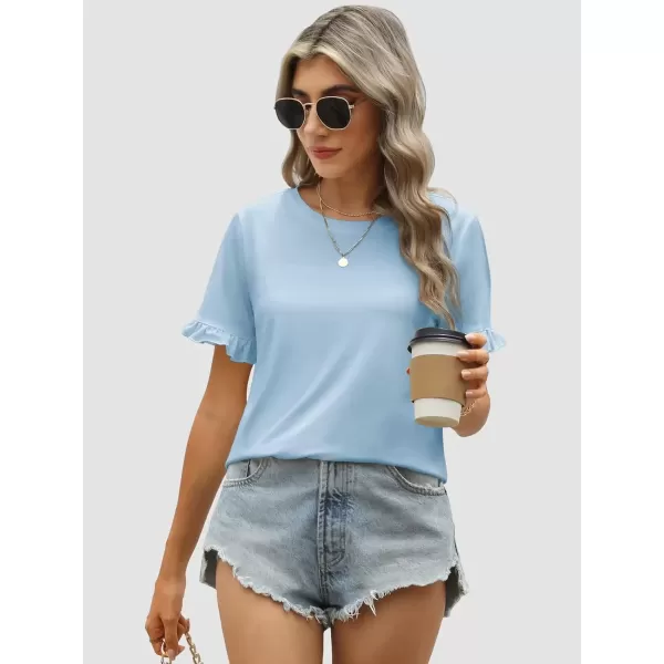 imageATHMILE Womens Short Sleeve Casual T Shirts Summer Ruffle Plain Round Neck Loose Fit Tee Blouse TopsLightblue