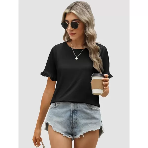 imageATHMILE Womens Short Sleeve Casual T Shirts Summer Ruffle Plain Round Neck Loose Fit Tee Blouse TopsBlack