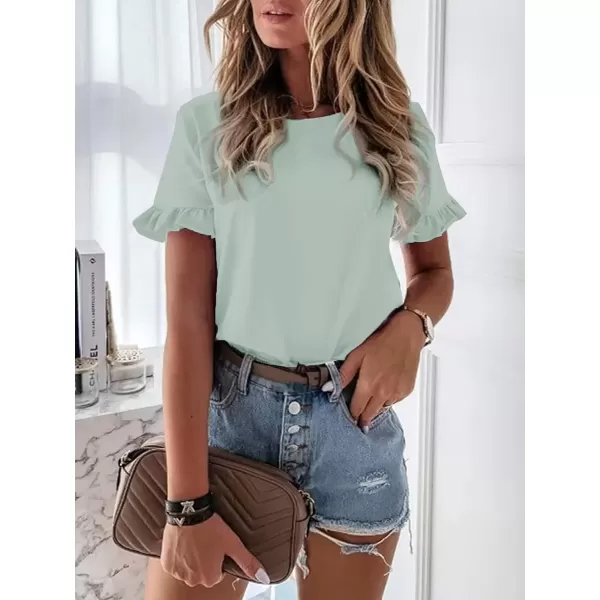 imageATHMILE Womens Short Sleeve Casual T Shirts Summer Ruffle Plain Round Neck Loose Fit Tee Blouse TopsGreyblue