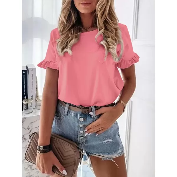imageATHMILE Womens Short Sleeve Casual T Shirts Summer Ruffle Plain Round Neck Loose Fit Tee Blouse TopsWatermelon