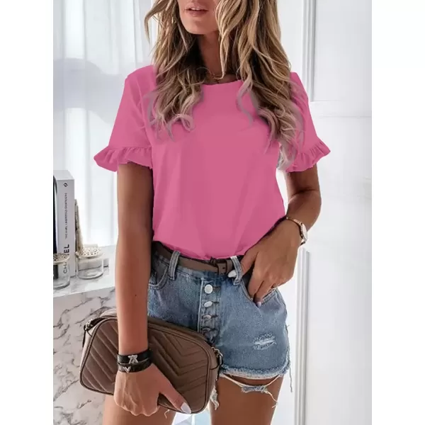 imageATHMILE Womens Short Sleeve Casual T Shirts Summer Ruffle Plain Round Neck Loose Fit Tee Blouse TopsRosered