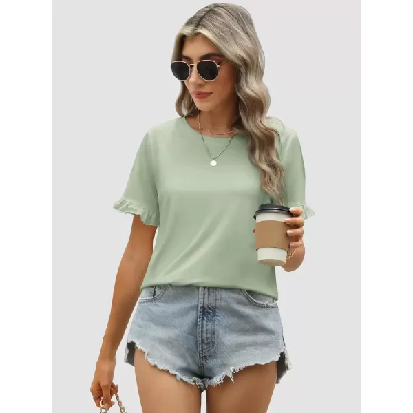 imageATHMILE Womens Short Sleeve Casual T Shirts Summer Ruffle Plain Round Neck Loose Fit Tee Blouse TopsGreygreen