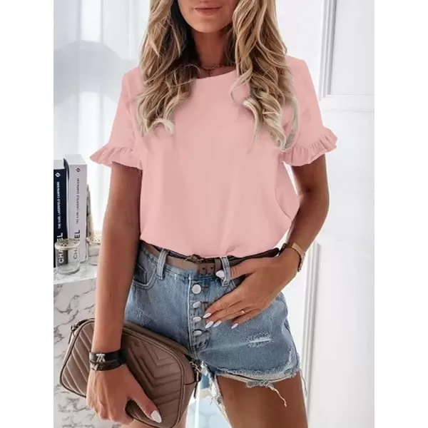 imageATHMILE Womens Short Sleeve Casual T Shirts Summer Ruffle Plain Round Neck Loose Fit Tee Blouse TopsPink