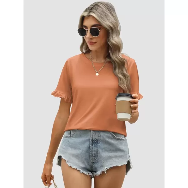 imageATHMILE Womens Short Sleeve Casual T Shirts Summer Ruffle Plain Round Neck Loose Fit Tee Blouse TopsOrange