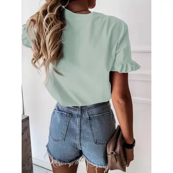 imageATHMILE Womens Short Sleeve Casual T Shirts Summer Ruffle Plain Round Neck Loose Fit Tee Blouse TopsGreyblue