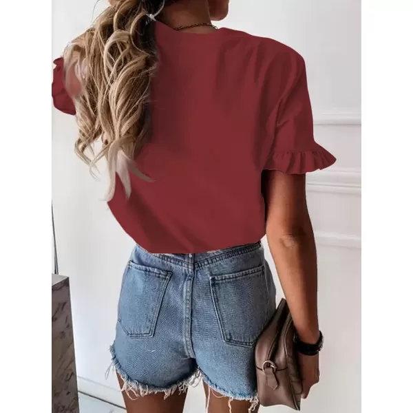 imageATHMILE Womens Short Sleeve Casual T Shirts Summer Ruffle Plain Round Neck Loose Fit Tee Blouse TopsWinered