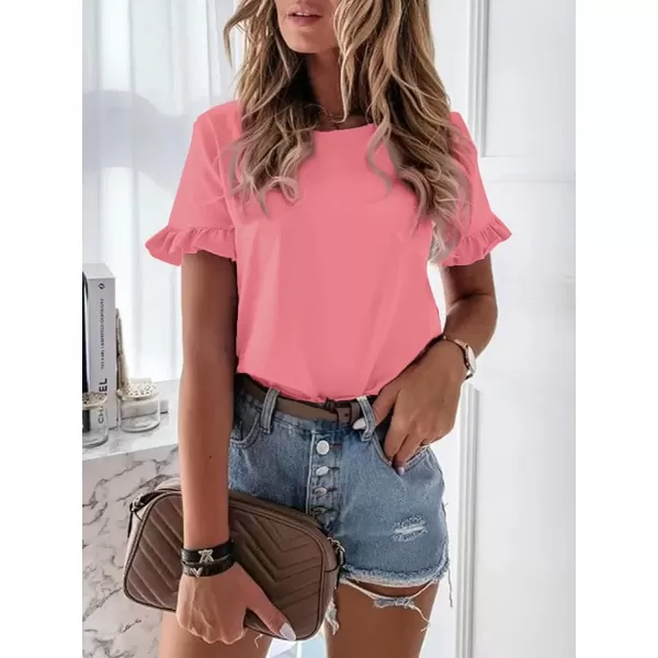 imageATHMILE Womens Short Sleeve Casual T Shirts Summer Ruffle Plain Round Neck Loose Fit Tee Blouse TopsWatermelon