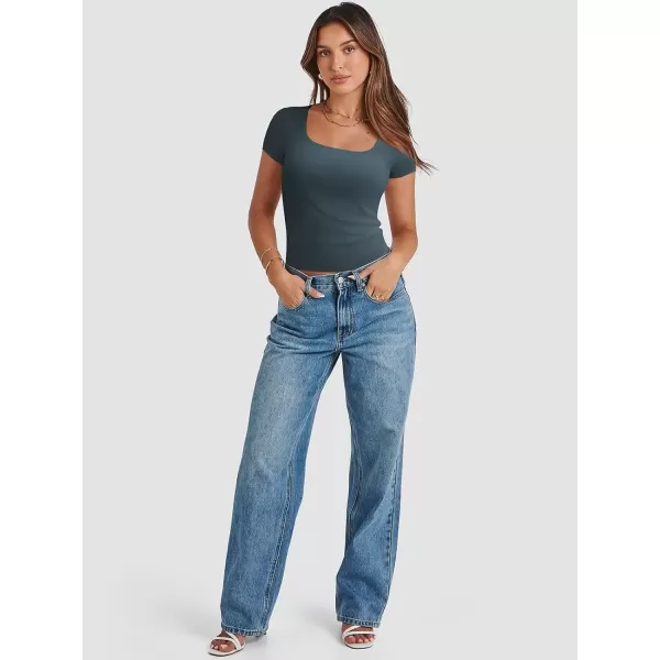 imageATHMILE Womens Short Sleeve Shirts Crop Tops Basic Double Modal Layering Tight Slim Fit Y2K T Shirts Clothes 2024Haze Blue