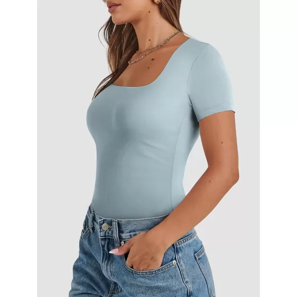 imageATHMILE Womens Short Sleeve Shirts Crop Tops Basic Double Modal Layering Tight Slim Fit Y2K T Shirts Clothes 2024Light Blue