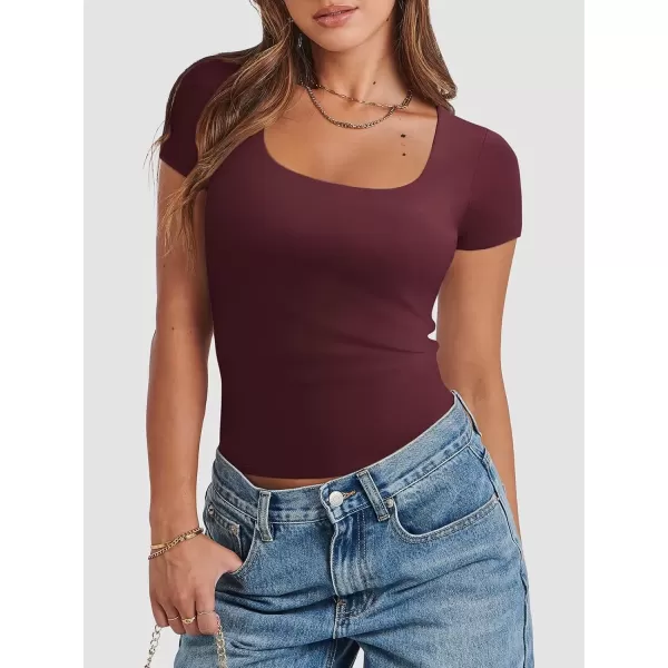imageATHMILE Womens Short Sleeve Shirts Crop Tops Basic Double Modal Layering Tight Slim Fit Y2K T Shirts Clothes 2024Burgundy