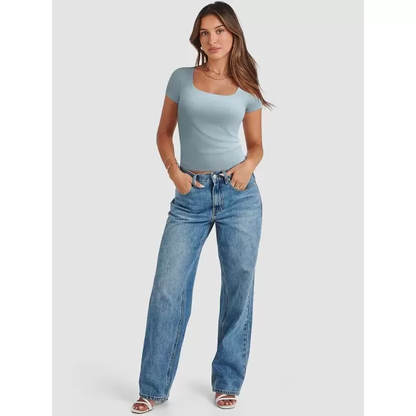 imageATHMILE Womens Short Sleeve Shirts Crop Tops Basic Double Modal Layering Tight Slim Fit Y2K T Shirts Clothes 2024Light Blue