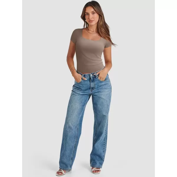 imageATHMILE Womens Short Sleeve Shirts Crop Tops Basic Double Modal Layering Tight Slim Fit Y2K T Shirts Clothes 2024Coffee Grey