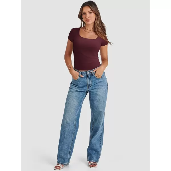 imageATHMILE Womens Short Sleeve Shirts Crop Tops Basic Double Modal Layering Tight Slim Fit Y2K T Shirts Clothes 2024Burgundy