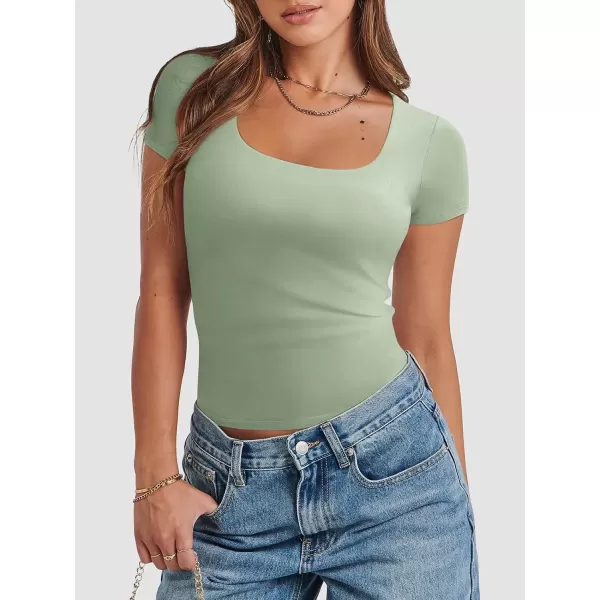 imageATHMILE Womens Short Sleeve Shirts Crop Tops Basic Double Modal Layering Tight Slim Fit Y2K T Shirts Clothes 2024Sage Green