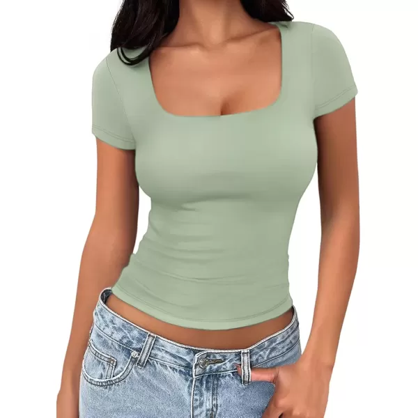 imageATHMILE Womens Short Sleeve Shirts Crop Tops Basic Double Modal Layering Tight Slim Fit Y2K T Shirts Clothes 2024Sage Green