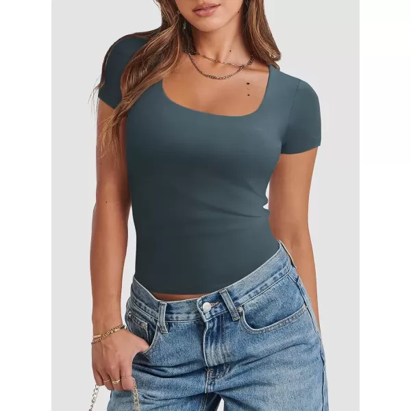 imageATHMILE Womens Short Sleeve Shirts Crop Tops Basic Double Modal Layering Tight Slim Fit Y2K T Shirts Clothes 2024Haze Blue