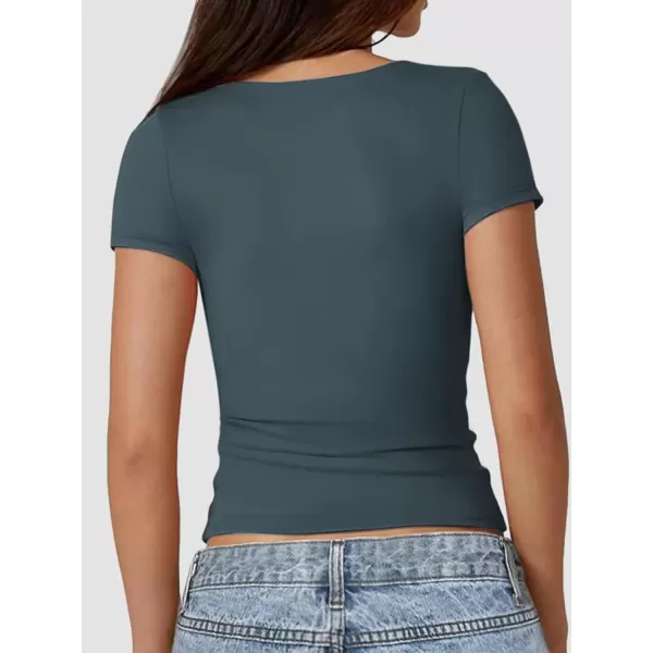 imageATHMILE Womens Short Sleeve Shirts Crop Tops Basic Double Modal Layering Tight Slim Fit Y2K T Shirts Clothes 2024Haze Blue