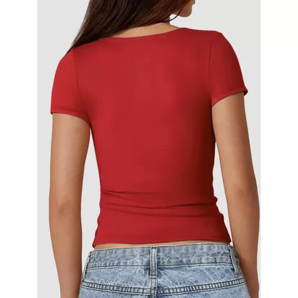 imageATHMILE Womens Short Sleeve Shirts Crop Tops Basic Double Modal Layering Tight Slim Fit Y2K T Shirts Clothes 2024Red