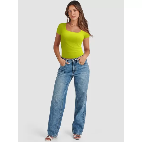imageATHMILE Womens Short Sleeve Shirts Crop Tops Basic Double Modal Layering Tight Slim Fit Y2K T Shirts Clothes 2024Yellow