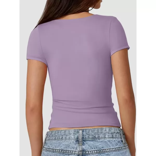 imageATHMILE Womens Short Sleeve Shirts Crop Tops Basic Double Modal Layering Tight Slim Fit Y2K T Shirts Clothes 2024Purple