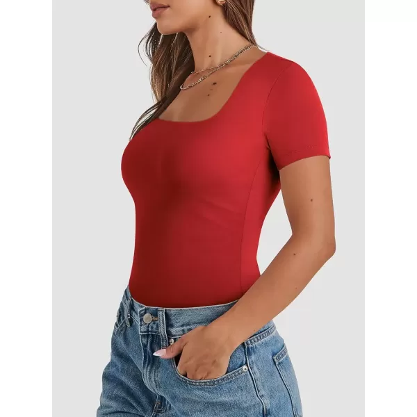 imageATHMILE Womens Short Sleeve Shirts Crop Tops Basic Double Modal Layering Tight Slim Fit Y2K T Shirts Clothes 2024Red