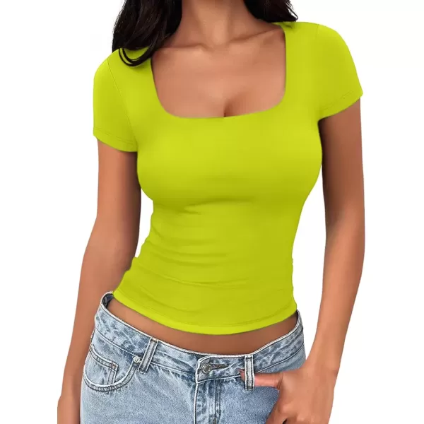 imageATHMILE Womens Short Sleeve Shirts Crop Tops Basic Double Modal Layering Tight Slim Fit Y2K T Shirts Clothes 2024Yellow