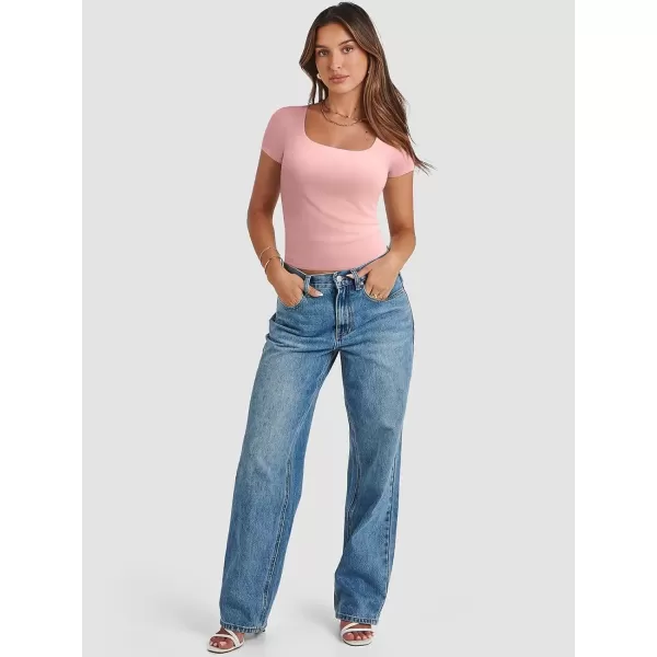 imageATHMILE Womens Short Sleeve Shirts Crop Tops Basic Double Modal Layering Tight Slim Fit Y2K T Shirts Clothes 2024Light Pink