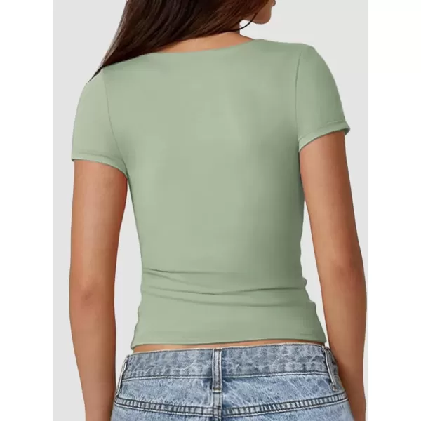 imageATHMILE Womens Short Sleeve Shirts Crop Tops Basic Double Modal Layering Tight Slim Fit Y2K T Shirts Clothes 2024Sage Green