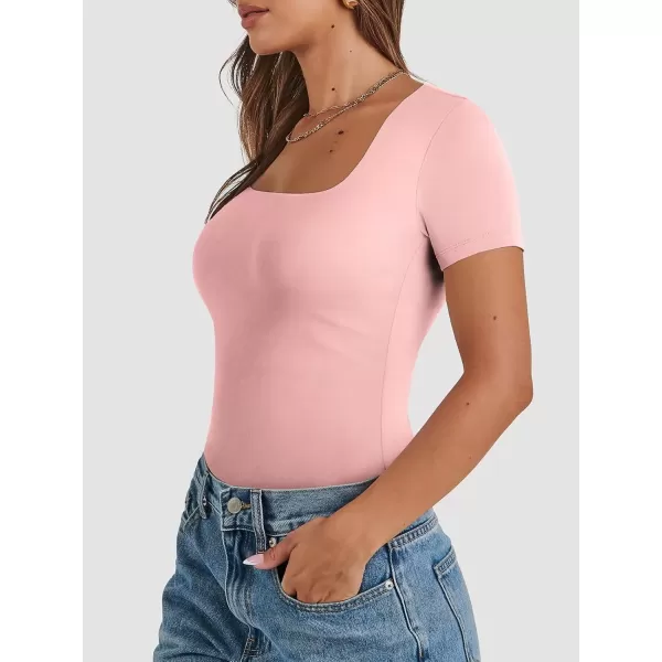imageATHMILE Womens Short Sleeve Shirts Crop Tops Basic Double Modal Layering Tight Slim Fit Y2K T Shirts Clothes 2024Light Pink