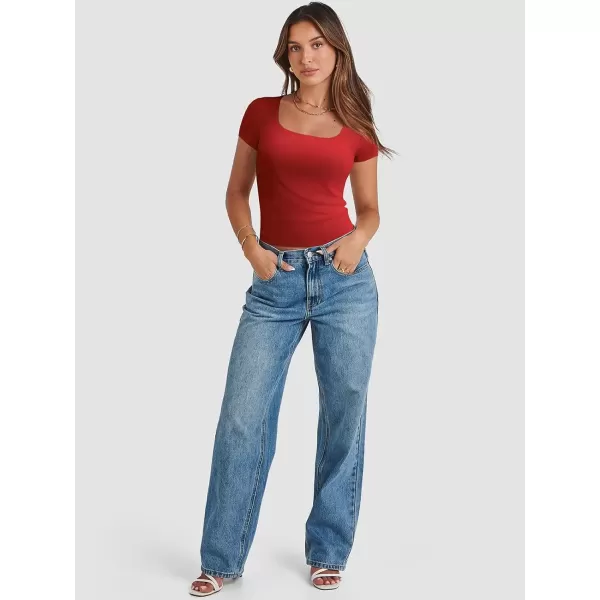 imageATHMILE Womens Short Sleeve Shirts Crop Tops Basic Double Modal Layering Tight Slim Fit Y2K T Shirts Clothes 2024Red